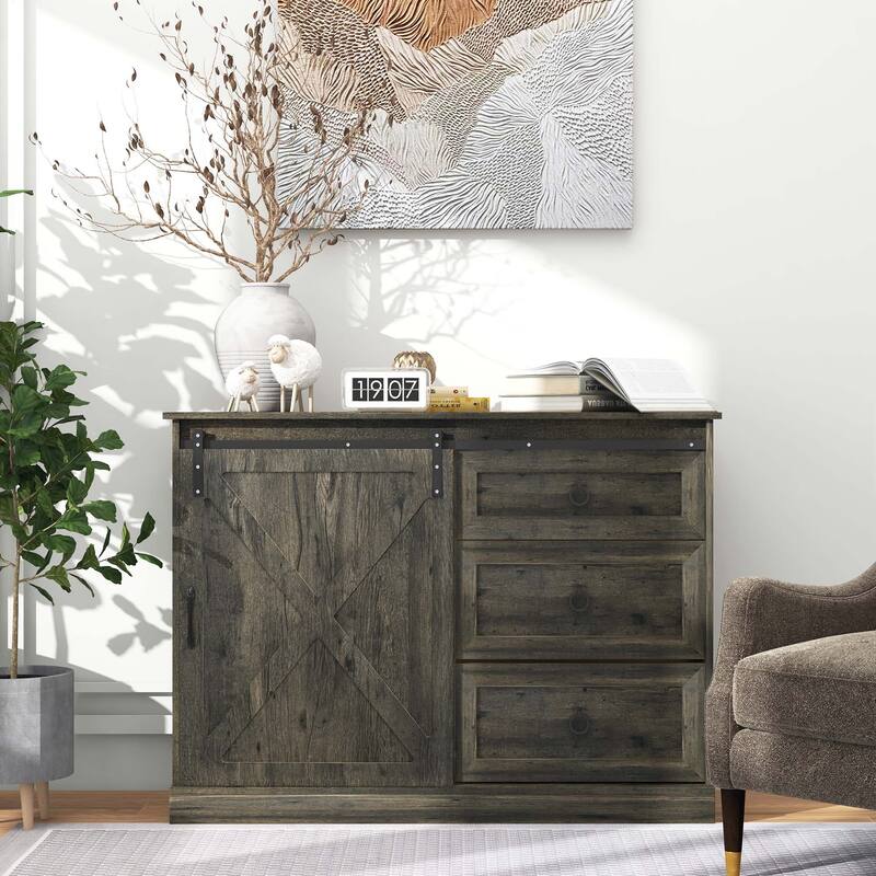 Sideboard Buffet Cabinet, Kitchen Cabinet Coffee Bar Cabinet with Sliding Barn Door and 3 Storage Drawers
