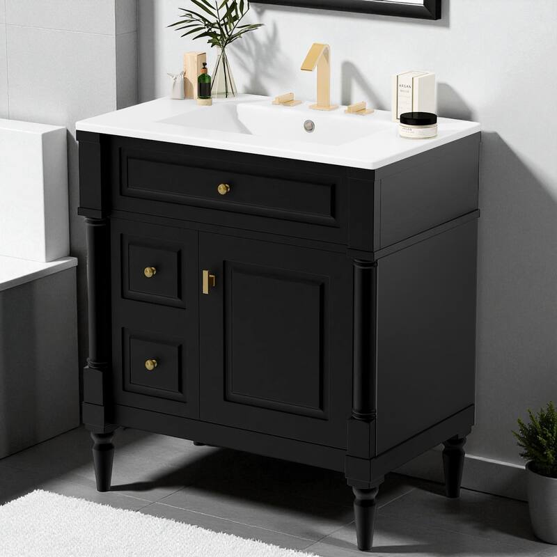 30" Freestanding Bathroom Vanity with Ceramic Sink, Solid Rubberwood Frame, Flip Drawer & Adjustable Shelf - Black