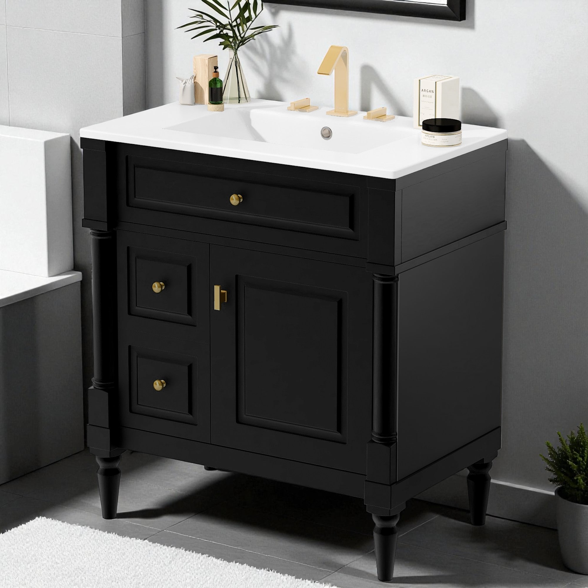 30" Freestanding Bathroom Vanity with Ceramic Sink, Solid Rubberwood Frame, Flip Drawer & Adjustable Shelf