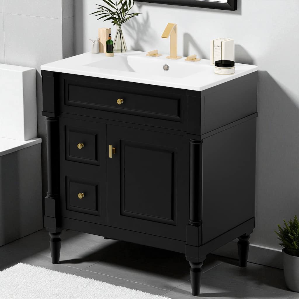 30" Freestanding Bathroom Vanity with Ceramic Sink, Solid Rubberwood Frame, Flip Drawer & Adjustable Shelf