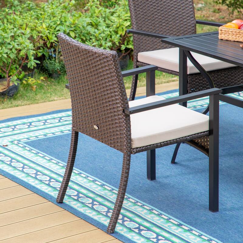 MAISON ARTS 7-Piece Patio Dining Set Printed Wood-grain Table & Rattan Dining Chairs