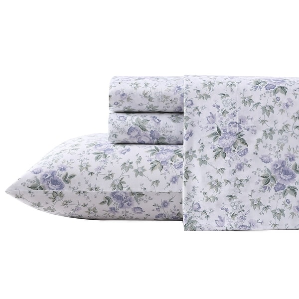 slide 2 of 3, Laura Ashley Soft & Silky Sateen Printed Cotton Sheet Set Queen - Lilian Lilac
