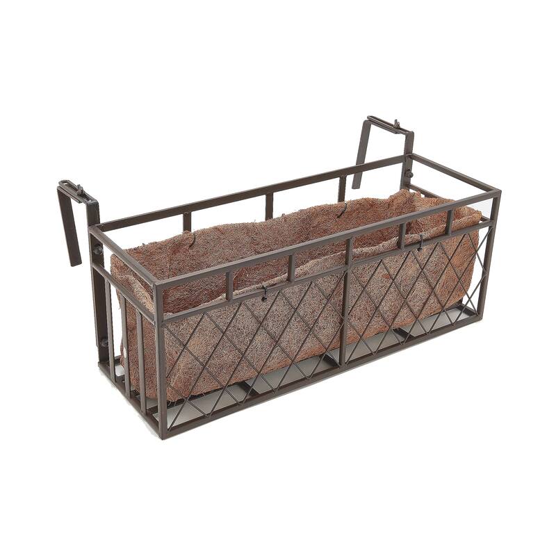 20 in. Lattice Criss Cross Wrought Iron Railing Planter with Coco Fiber Liner