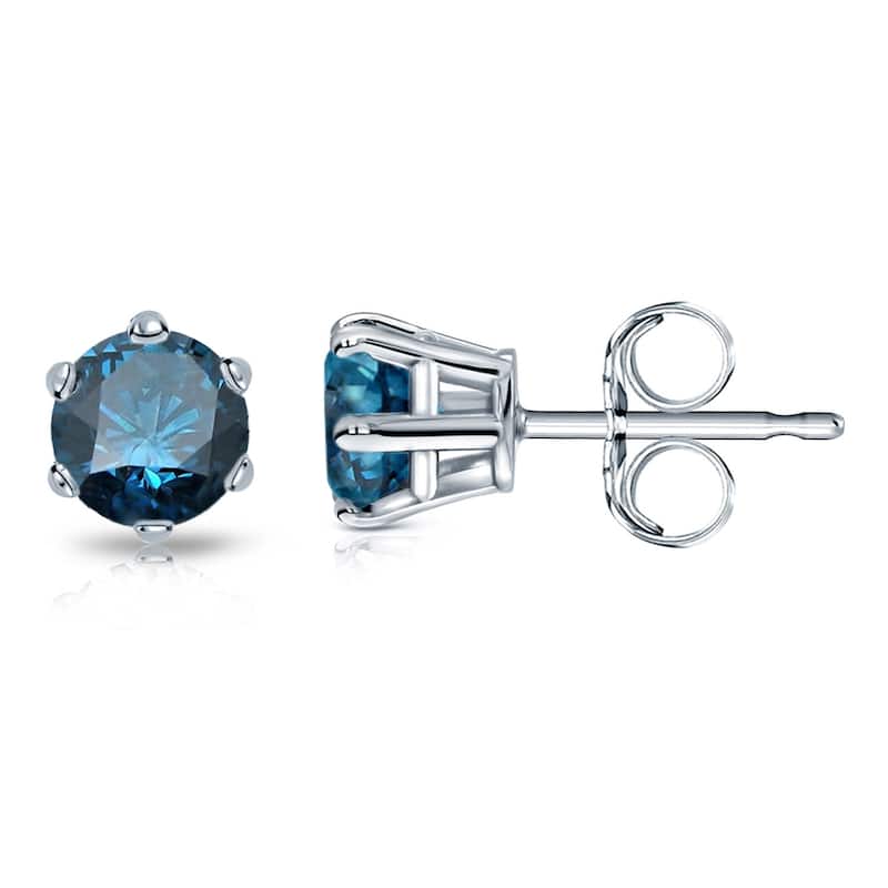 Auriya 3/4ctw Round Blue Diamond Stud Earrings 14k Gold 6-Prong (SI2-SI3) - White