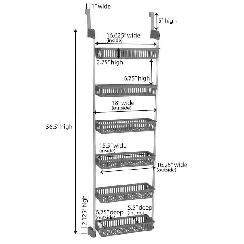 Household Essentials Over-The-Door 6-Basket Rack, Grey - 57" H x 19.25" W x 6.25" D