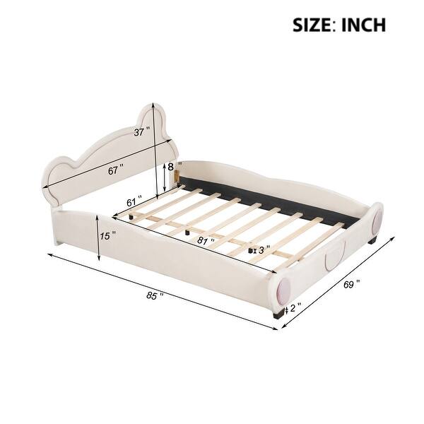dimension image slide 1 of 2, Queen Size Velvet Platform Bed with Bear-Shaped Headboard & Bed-End Storage Pocket, Beige