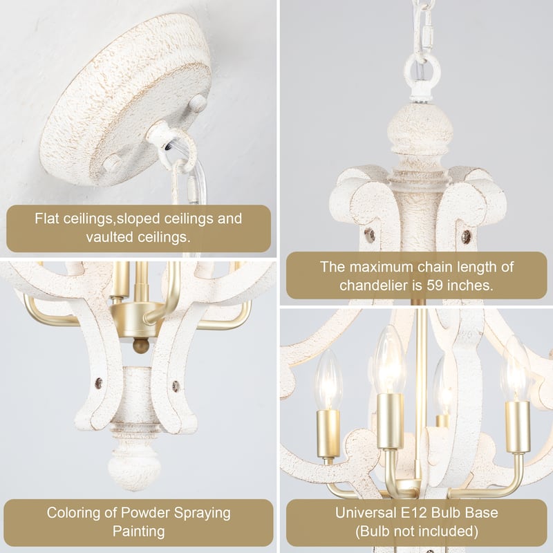 4-Light 14.56-inch Wooden Lantern Rustic Chandeliers for Entryway Hallway