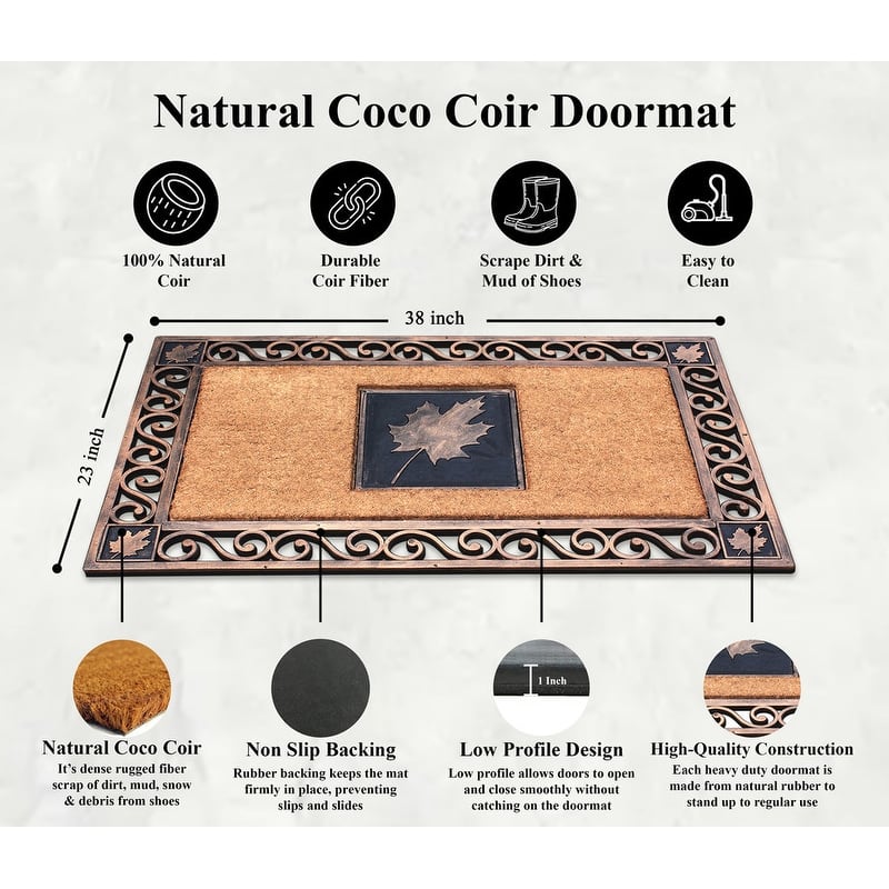 A1HC Rubber and Coir Maple Leaf, Heavy Weight Durable Copper Finish Doormat, 23"X38"