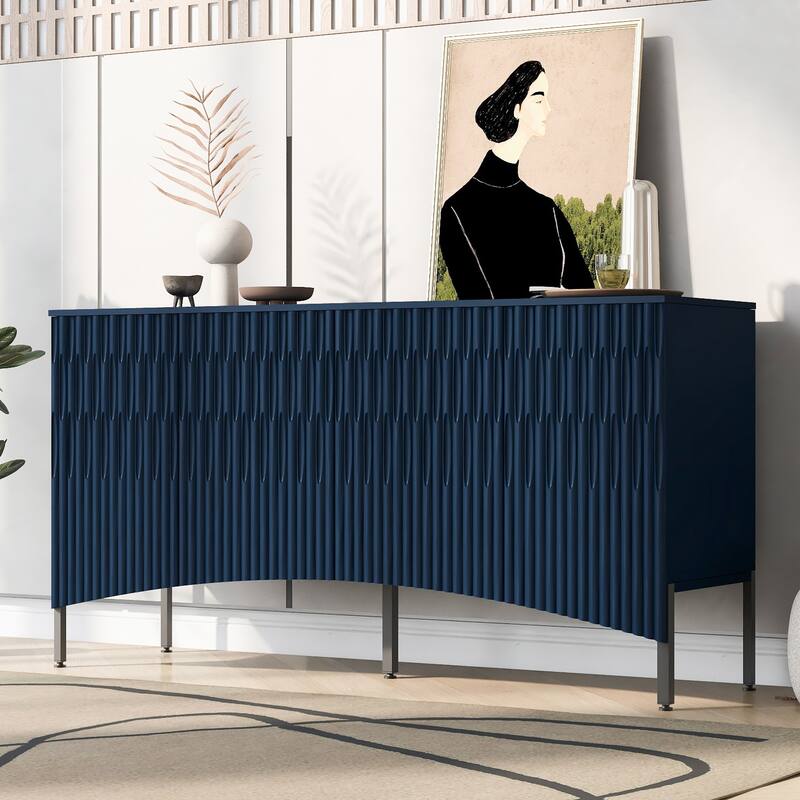 Modern Elegant Black Blue Cabinet Sideboard Buffet with Curved Bottom Doors - Blue