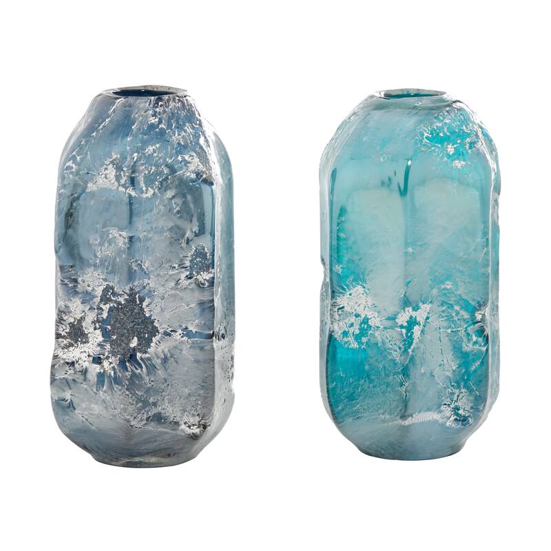 Glass Handmade Blown Vase - Set of 2 Blue - Roche River Decor - 6"W x 6"L x 12"H
