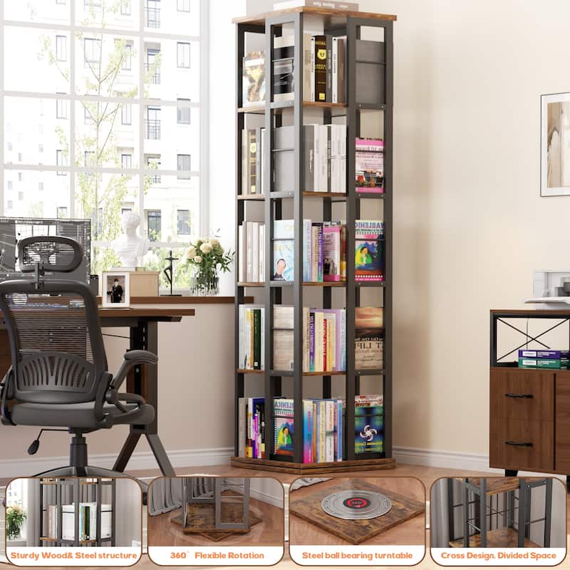 5-Tier Corner Rotating Bookshelf, 360 Display Wood Spinning Bookshelf, Floor Standing Bookcase Organizer Storage Rack