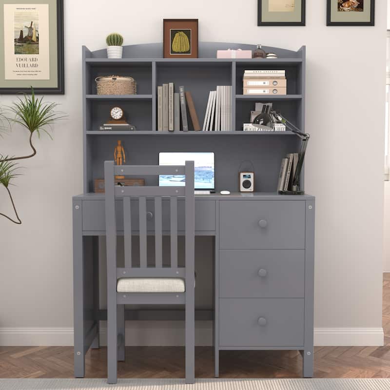 40'' Home Executive Desk and Upholstered Chair Set with Bookshelf, Computer Desk with Four Drawers