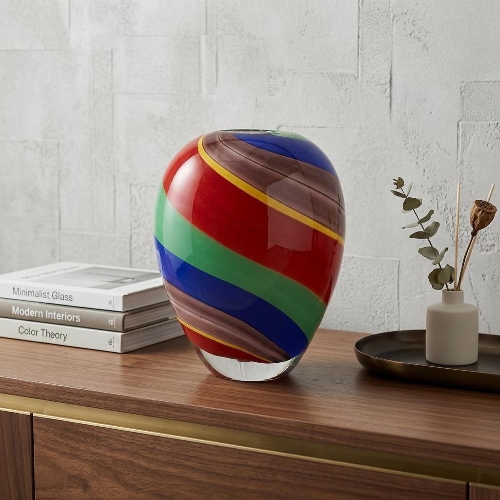 9" Red Blue and Green Striped Murano Style Art Glass Table Vase - 7.00