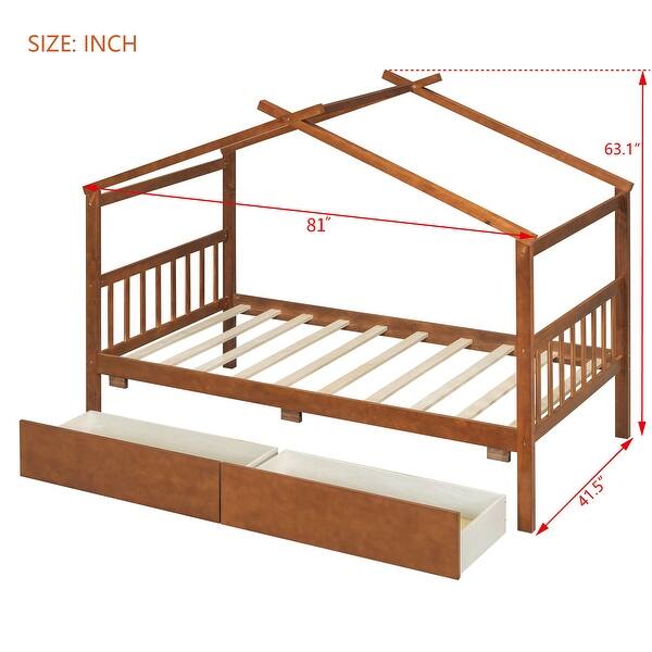 dimension image slide 2 of 3, Creativity House Bed Twin Size Frame with 2 Wood Drawers for Boys Girls, Wood Platform Bed with Roof No Box Spring Needed