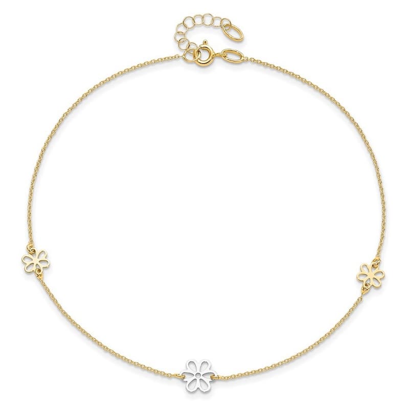 Curata Women's Italian 14k Two-Tone Gold Polished Daisy Flower Station Anklet - 10 Inch
