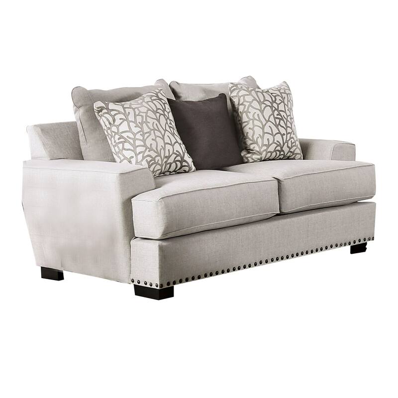 Coty Loveseat, 75 Inch, Light Gray, 3 Throw Pillows, T Shaped Cushion