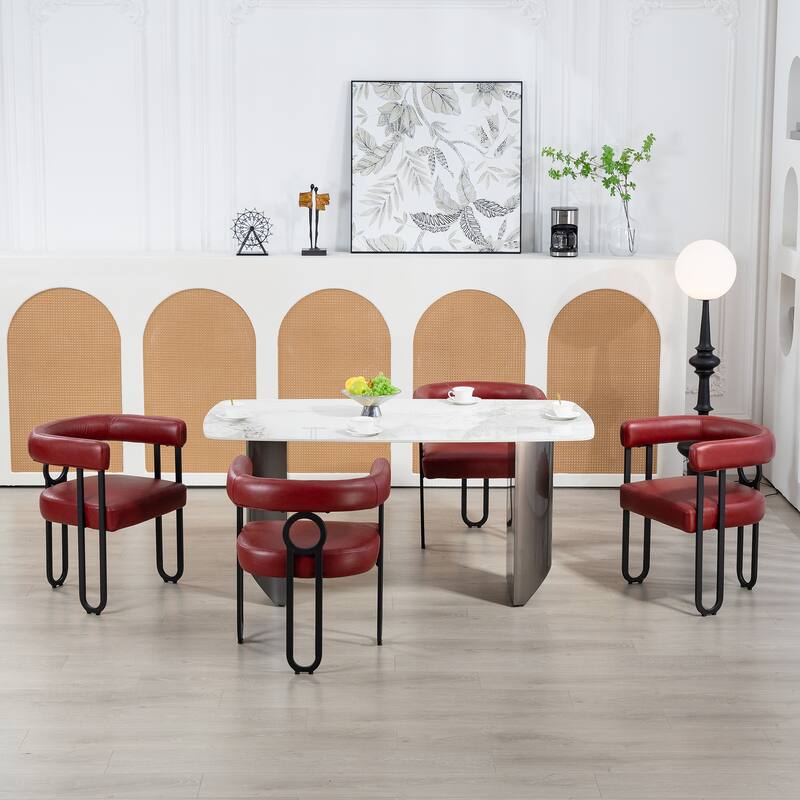 Wine Red PU Upholstered Accent Chair Dining Chair Barrel Side Chairs Kitchen Armchair for Living Room Dressing Room Set of 4