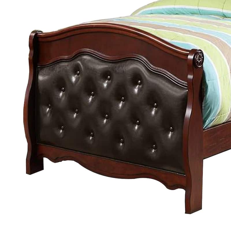 Jeny Twin Bed, Tufted Camelback, Cherry Brown, Faux Leather Upholstery