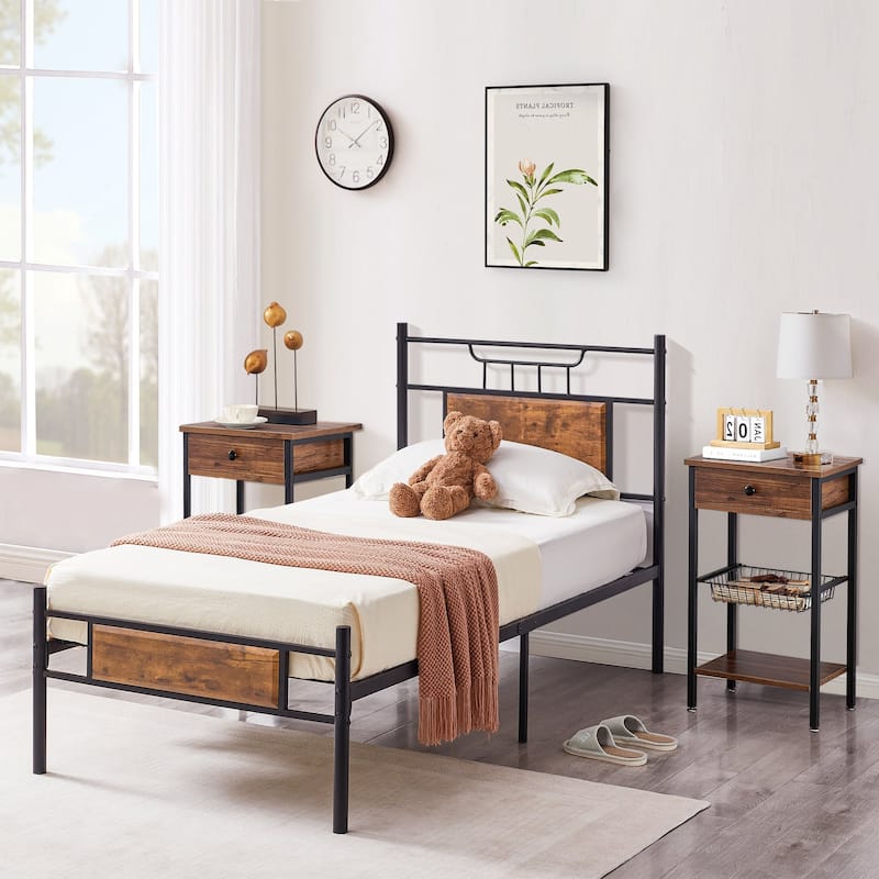 Javlergo 3-Piece Bedroom Set with Bed Frame and 2 Nightstand, Brown