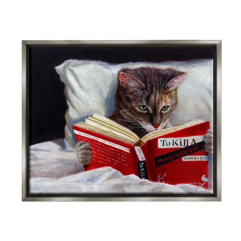 Stupell Cat Reading a Book in Bed Funny Painting Floater Frame - Multi-Color - 16 x 20 - Grey