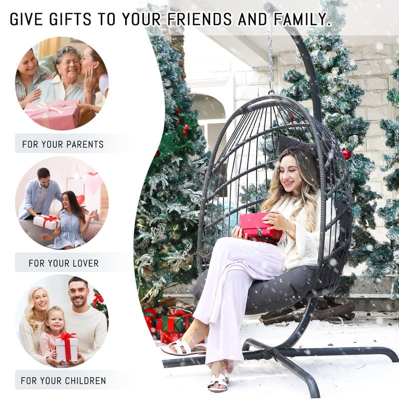 Oversized Wicker Hanging Egg Chair with Stand, Outdoor Indoor Swing Chair with Cushion, 350 lb Capacity