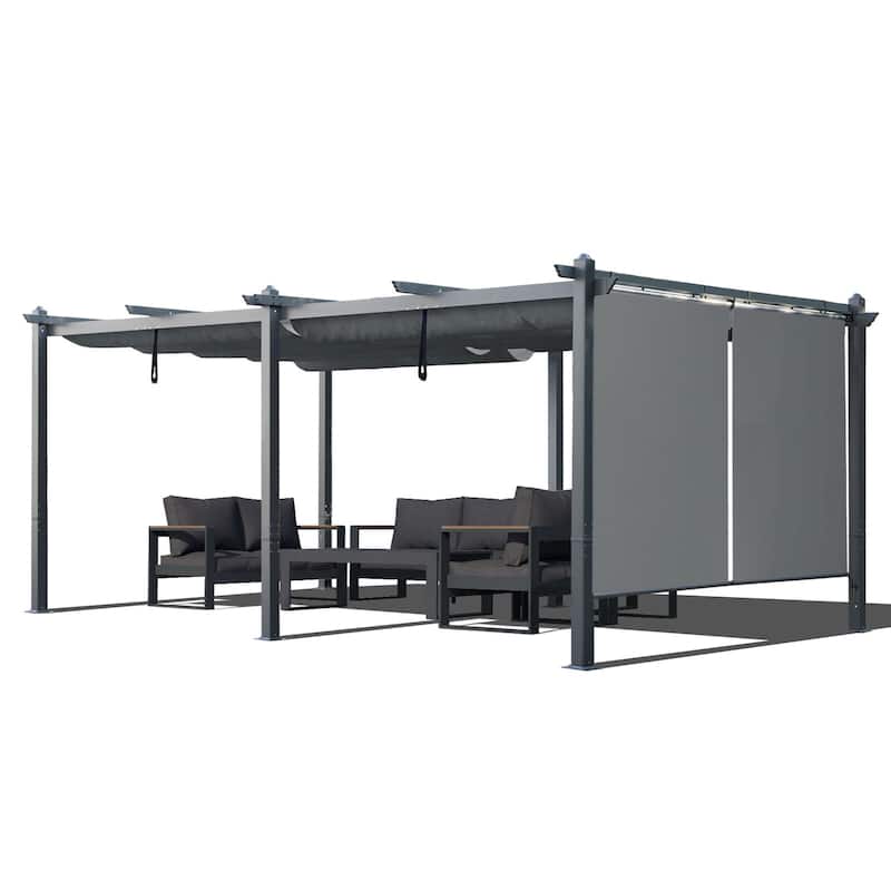 Aoodor Outdoor Pergola with Retractable Shade Canopy, Dark Gray Matte Aluminum Frame - Grey