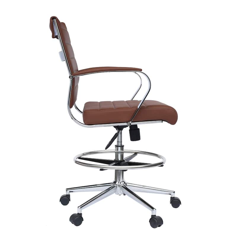 Swivel PU Leather Office Drafting Chair For Standing Table Mid-Back Ribbed Executive Ergonomic With Arms Wheels Task Computer