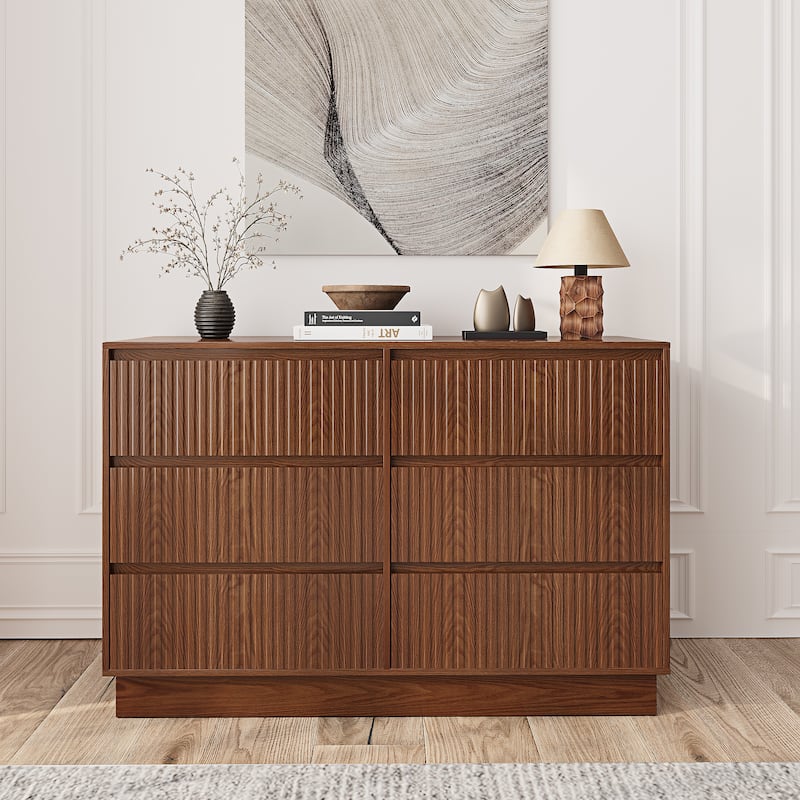 6 Drawers 47.3'' W Double Dresser With Walnut Waveform Fluted Panel Versatile Storage