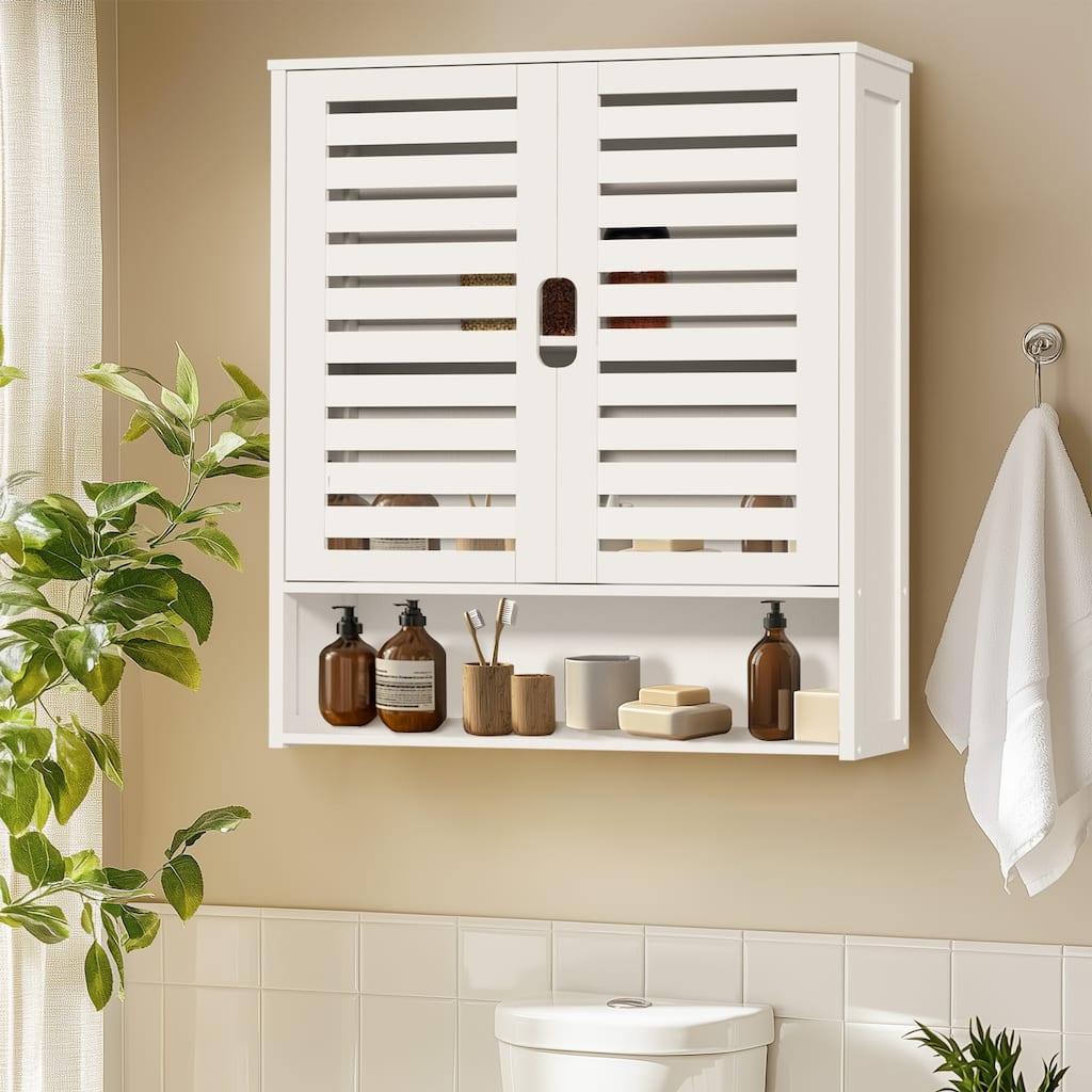 Double Door Wall Cabinet Bathroom Storage Shelf Bamboo