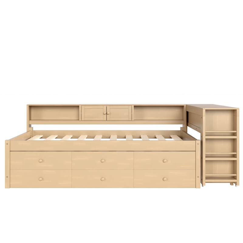 Full/Twin Daybed with Trundle & Storage Drawers - Wood Frame with Side Shelves and Desk