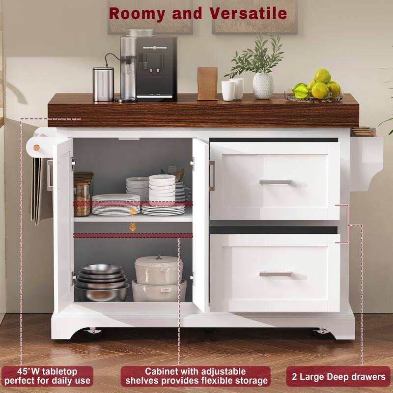 53" Large Kitchen Island with 3.5" Thick Desktop, Spice and Towel Racks & 2 Extra-large Drawers