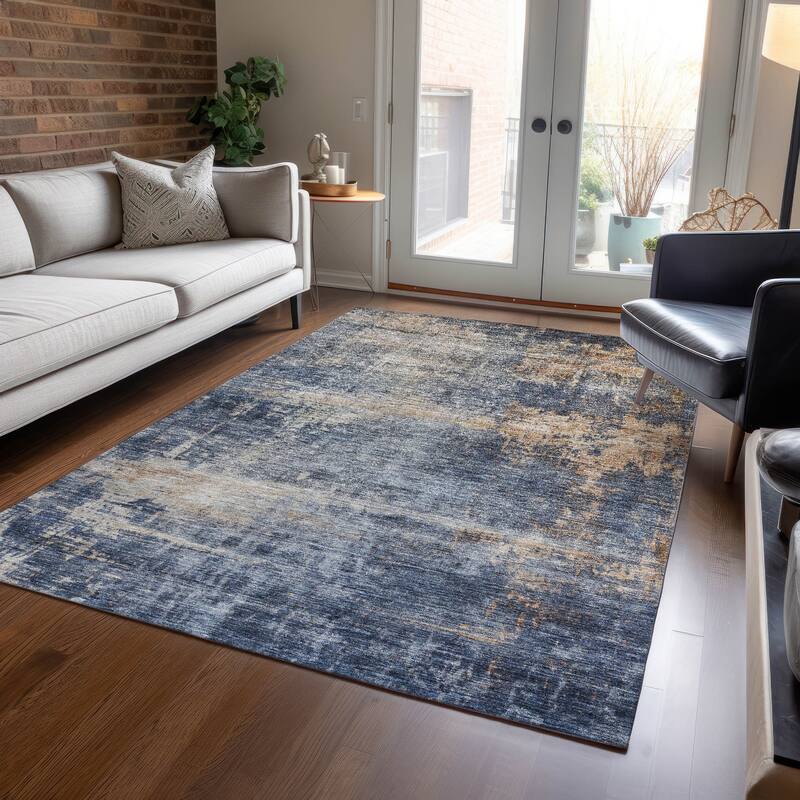 Machine Washable Indoor/ Outdoor Abstract Contemporary Chantille Rug - Denim - 10' x 14'