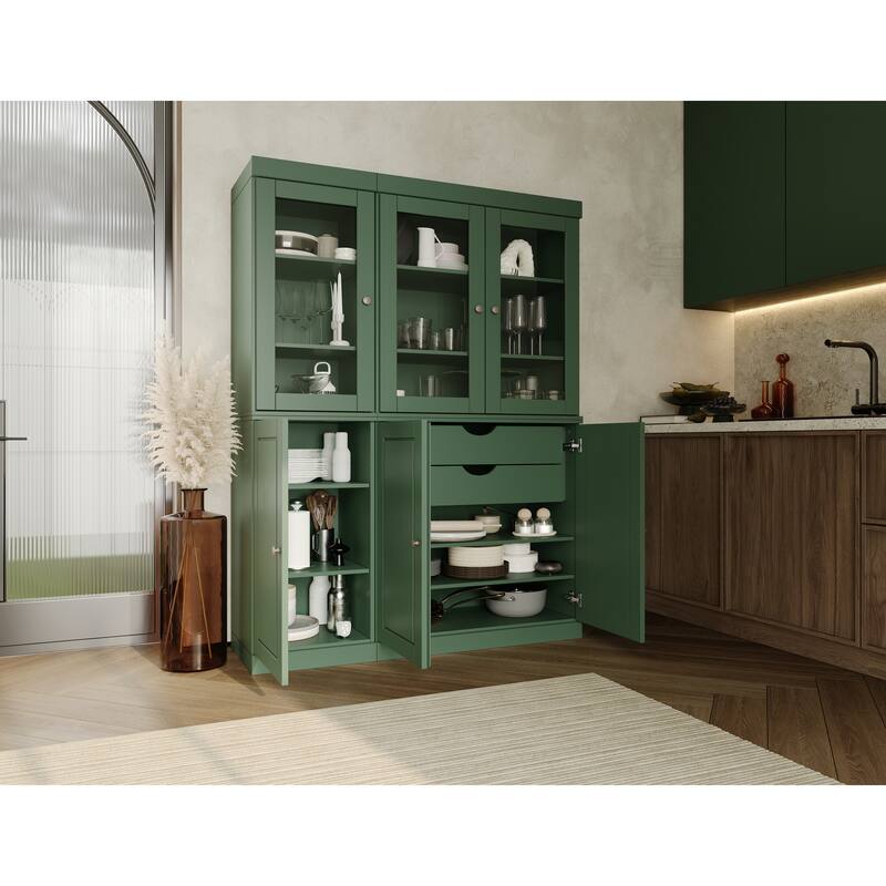 Palace Imports 100% Solid Wood Pantry China Cabinet, Raised Panel & Clear Glass Doors, 2 Drawers, 48.5" Wide, 71.5" Tall - Green