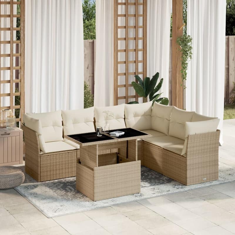 vidaXL Patio Sofa Set with Cushions Outdoor Furniture 7 Piece Poly Rattan - 21.7 x 39.4 x 28.7 in - Beige and cream