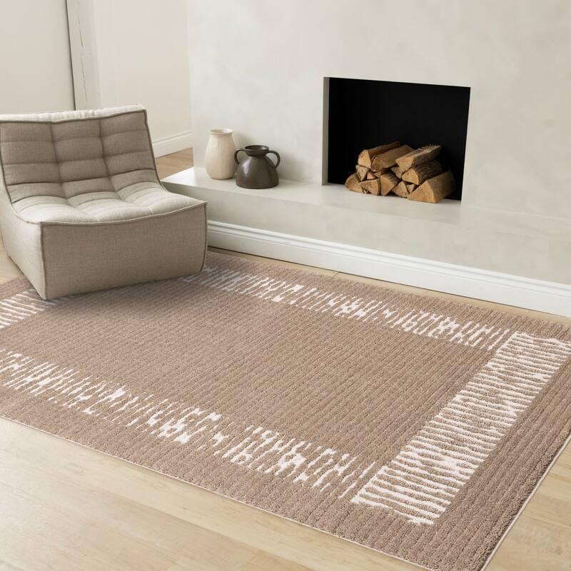 Taupe White Striped Border Soft Textured Rug