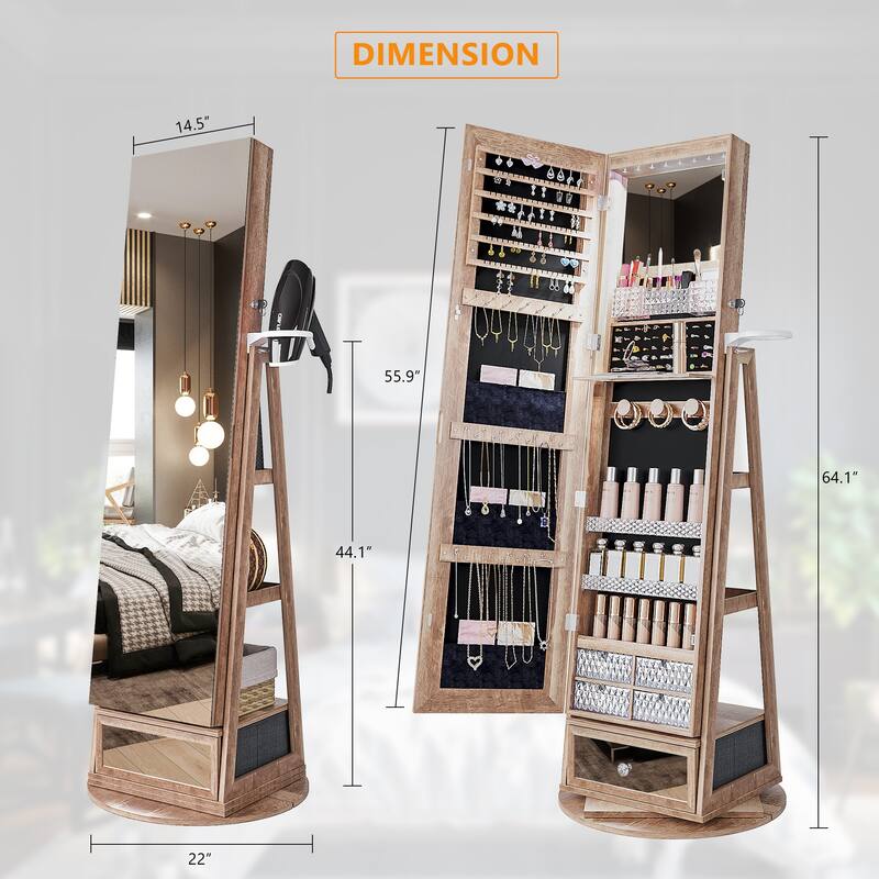 22'' Wide Rotatable Jewelry Armoire with Mirror - N/A