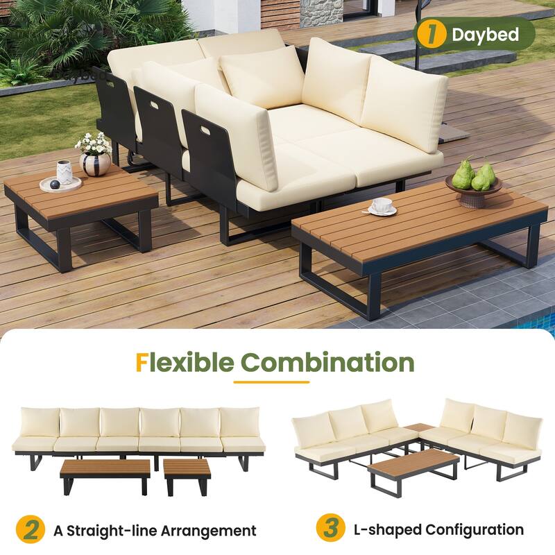 Outdoor Patio Conversation Sofa Set L-shape Sectional Sofa Set with Adjustable Reclining Seats, Coffee Table, Side Table