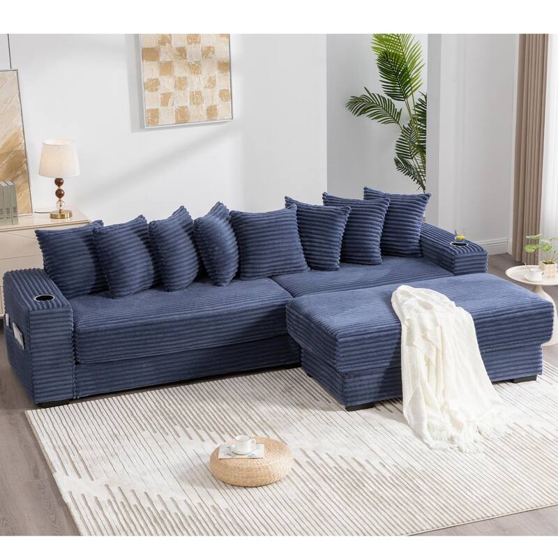 110.75" Corduroy Sectional Sofa, Convertible Sleeper Sofa Bed L-Shaped Upholstered Couch with Removable Footstool, Cup Holder