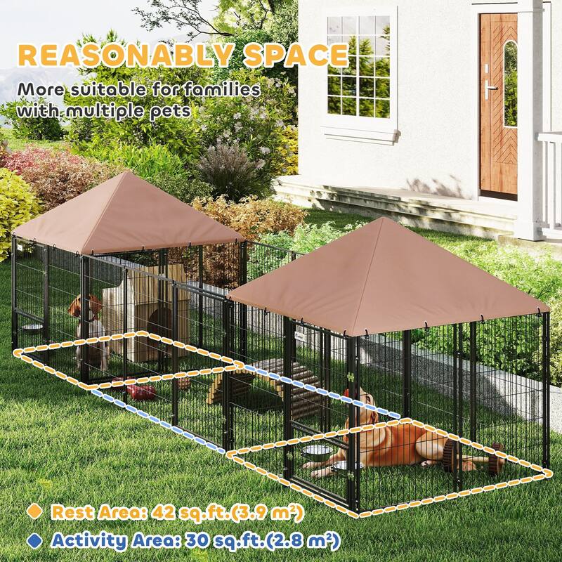 PawHut Dog Kennel Outside with 2 Rooms, Large Outdoor Dog Kennel with Rotating & Adjustable Height Bowls, Waterproof