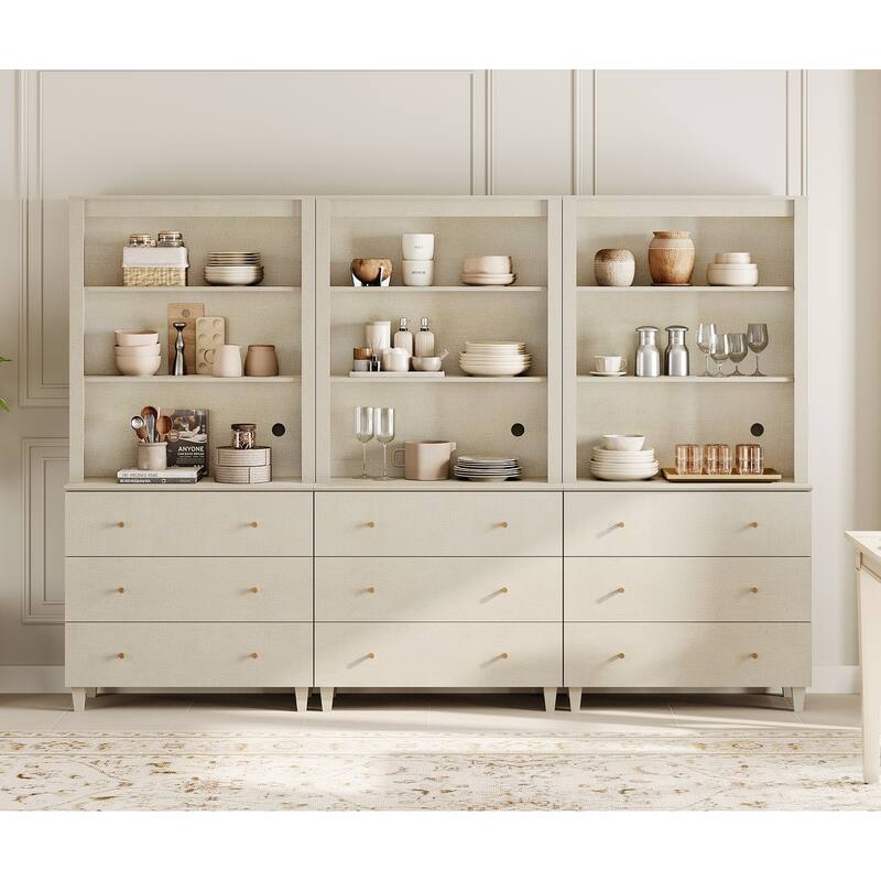 Modern 71" Tall Pantry Cabinet with Drawers & Adjustable Shelf for Kitchen - 9 Drawers - Beige Linen Printed