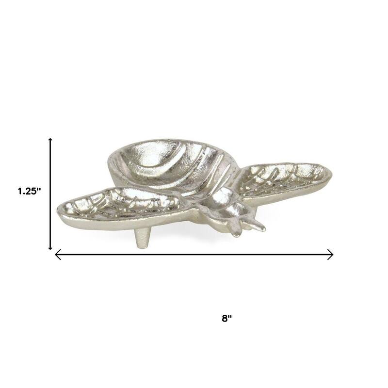 HomeRoots 8" Silver Cast Iron Bumble Bee Trinket Tray - 8.00 in. x 1.25 in. x 6.50 in.