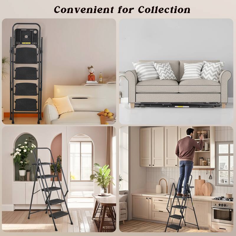 Anmytek 4 Step Folding Step Ladder Heavy Duty Steel Frame with Tool Tray Triangular Stable Core 330 lbs Capacity for Home,Office