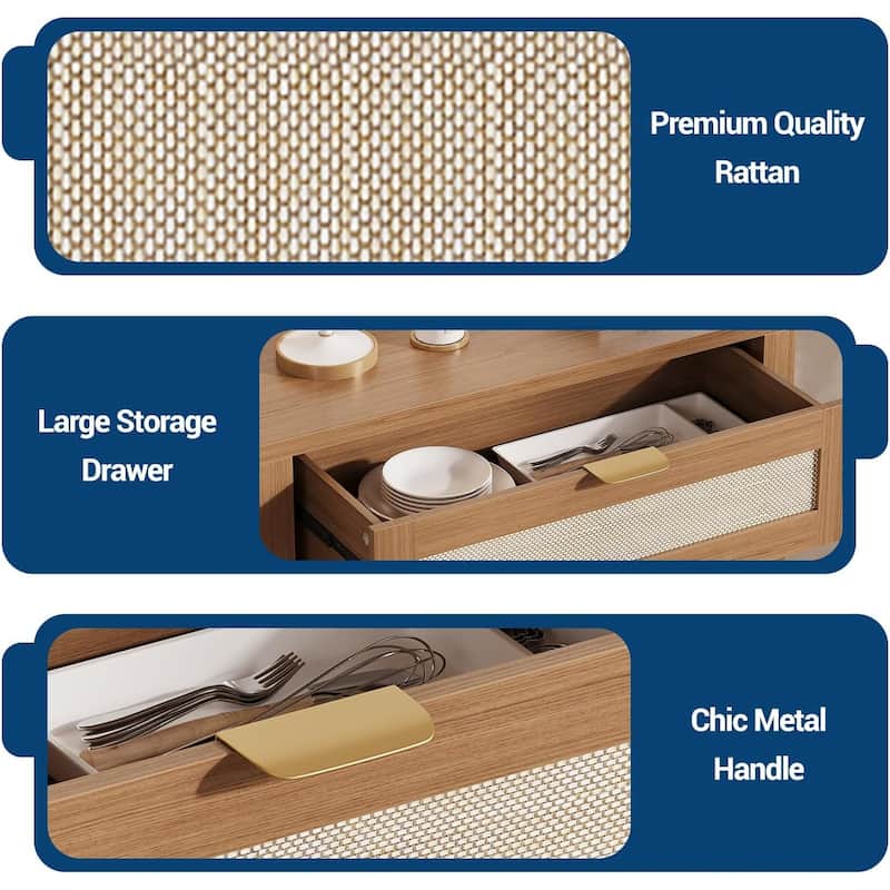 Modern Rattan Buffet Cabinet, Narrow Sideboard with Adjustable Shelves