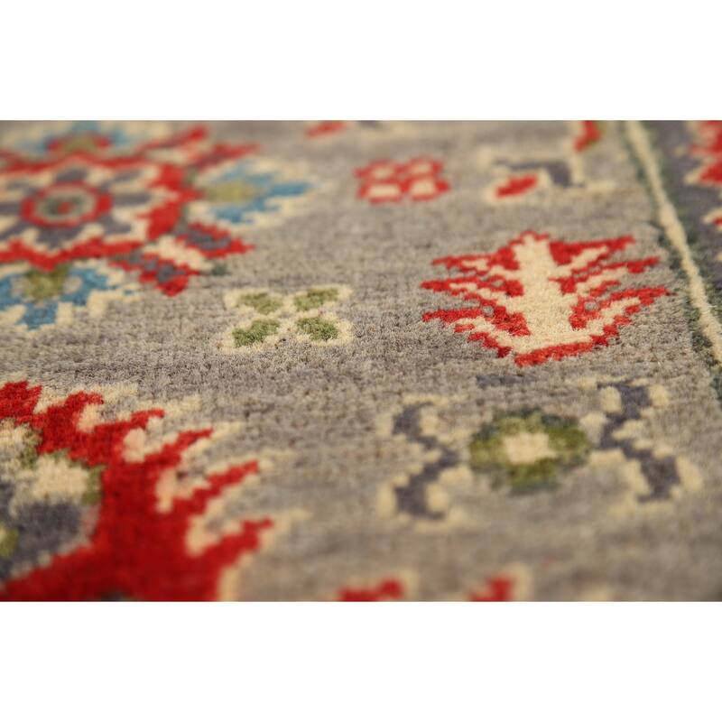 Geometric Kazak Oriental Foyer Rug Hand-Knotted Grey Wool Carpet - 2'0" x 3'0"