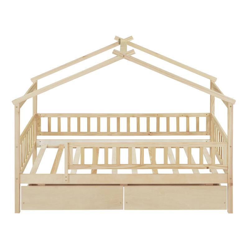 Wooden House Bed for Kids with Two Storage Drawers, Sturdy Twin Size Design