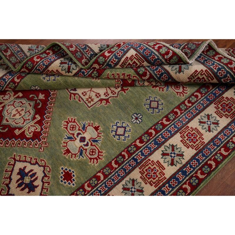 Green Geometric Kazak Area Rug Hand-Knotted Wool Carpet - 4'10" x 6'8"