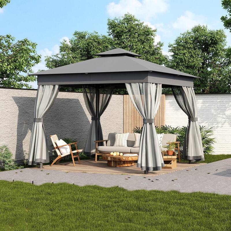 Outdoor Gazebo Tent with Double Roof, Mosquito Netting & Patio Canopy