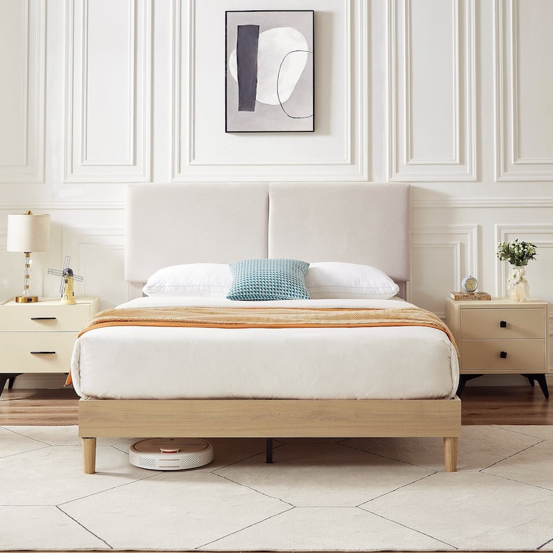 Javlergo Upholstered Bed Frame with Linen Fabric Adjustable Headboard, Strong Wood Slats Supports, No Box Spring Needed