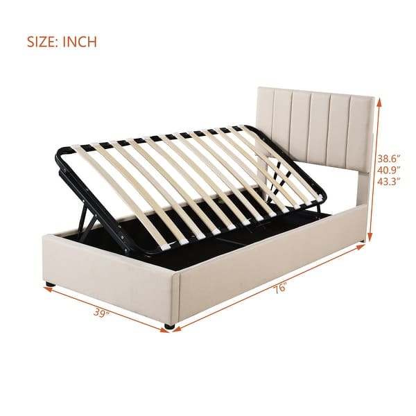 dimension image slide 1 of 2, Twin Size Upholstered Platform Bed with a Hydraulic Storage System, Beige