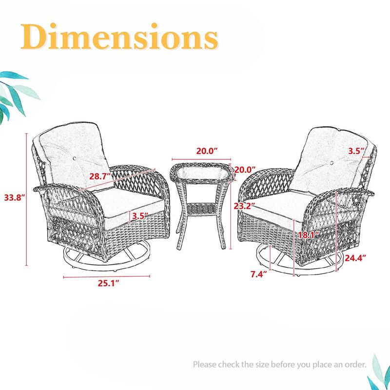 3 Pieces Outdoor Swivel Rocker Chairs, 360 Degree, Thickened Cushions & Glass Coffee Table